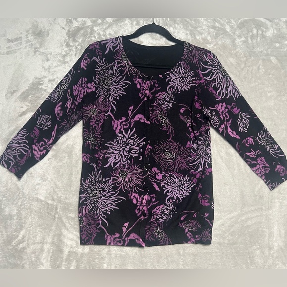 Floral Artsy 3/4 Sleeve Cardigan Sweater Purple Librarian No Size - Picture 1 of 6